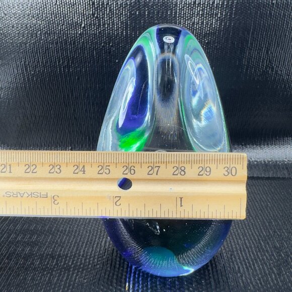 Vintage 1980s Oval Glass Paperweight With Large Bubbles Blue Green Glass Decor - Picture 2 of 11